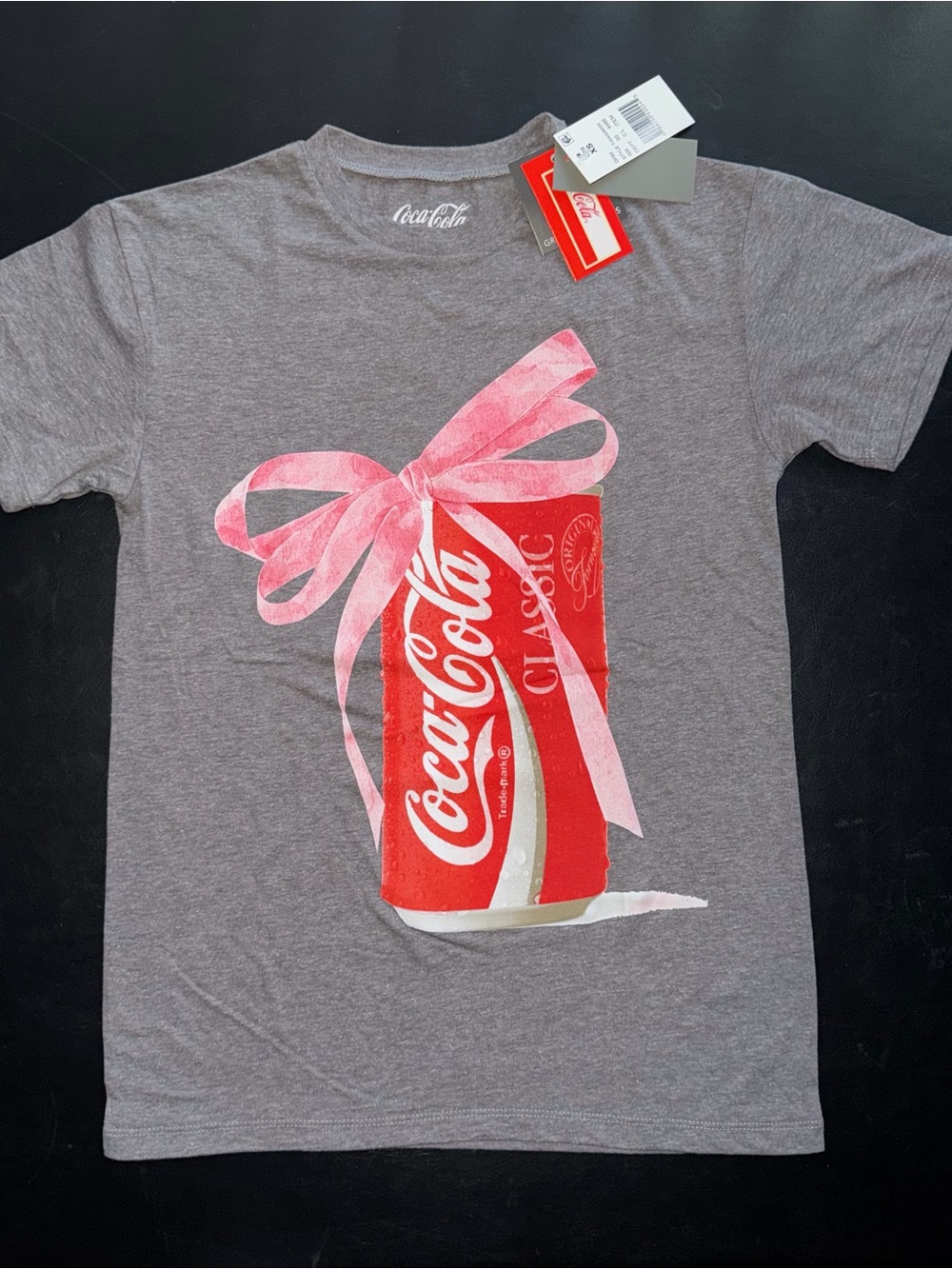 Coca Cola Gray Short Sleeve Tee with Red Can and Pink Bow - XS